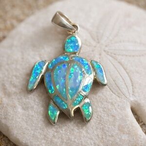 Blue Green Opal Sea Turtle Pendant Dainty Coastal Beach Jewelry sterling Silver